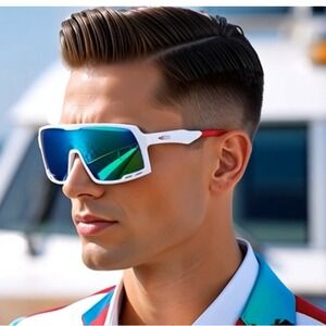 Sport Sunglasses White Frame Blue Mirror Lens Outdoor Worker Driving Wrap Around